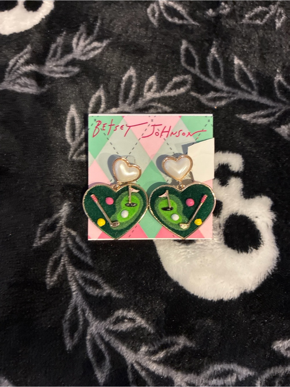 Betsey Johnson Green Heart Golf Dangle Earrings with Pearl Hearts